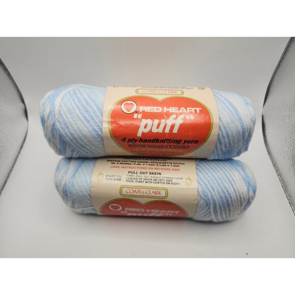 Vintage Red Heart “Puff” 4-Ply Handknitting Yarn Blue White Lot of 3 Skeins 3oz - Picture 1 of 7